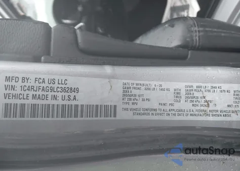 2020 Jeep Grand Cherokee Altitude 4X4 z USA, uszkodzony, nr VIN 1C4RJFAG9LC362849